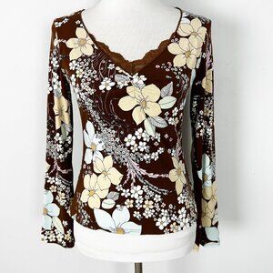 Y2K Women’s Mod Floral Brown Flare Sleeve Hippie Boho Size Large